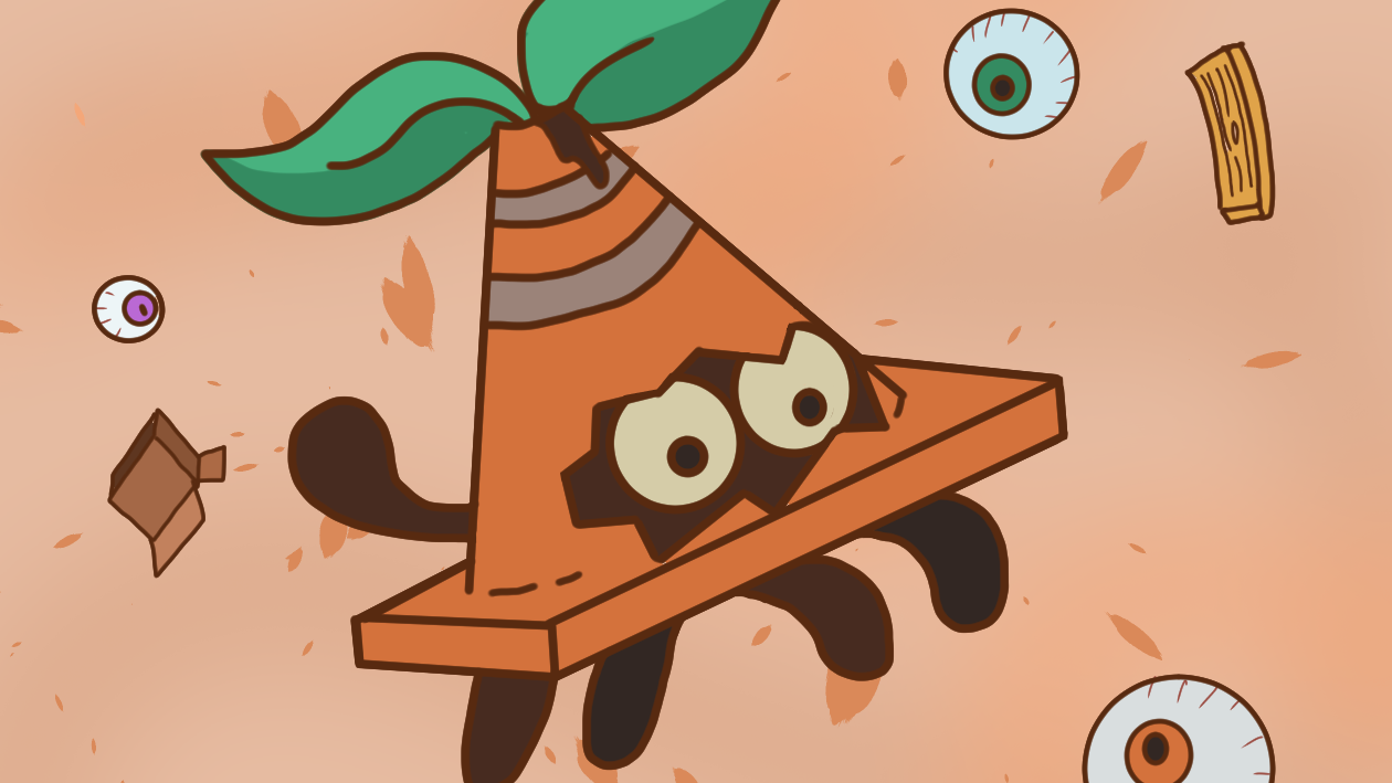 Image of a cat wearing a traffic cone, surrounded by eyes and various bits of
                        debris