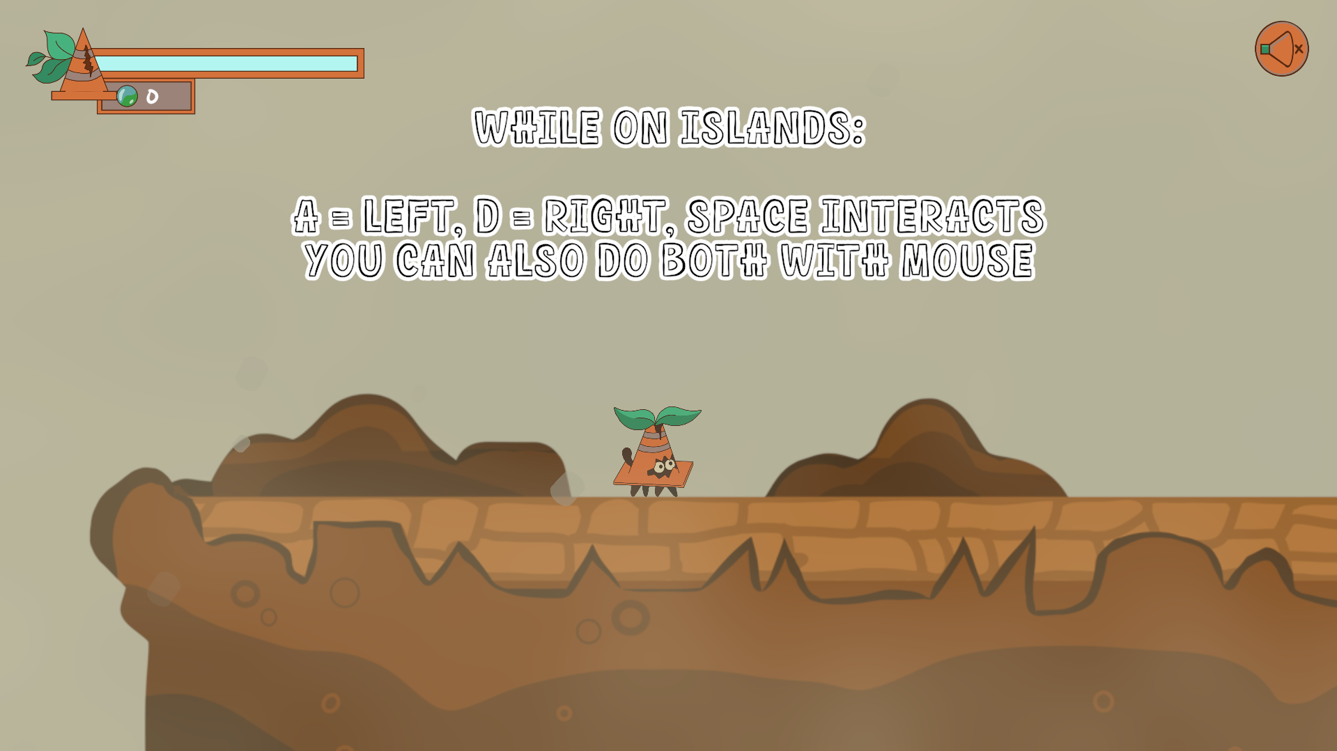 Screenshot of the game, featuring tutorial
                        UI and a cone-cat on an island filled with debris
