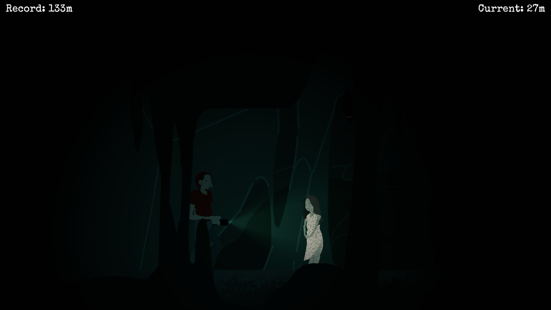 A screenshot of the protagonist in a dark
                        cave, faced with a creepy-looking child