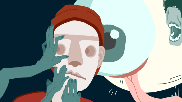 Image of a hollow-eyed teenager, surrounded by hands, a gigantic eye,
                        and a deformed child
