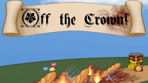 Image of a cartoon stylized game, where a crown is being cornered
                        by a mob of pitchforks, torches and baguettes